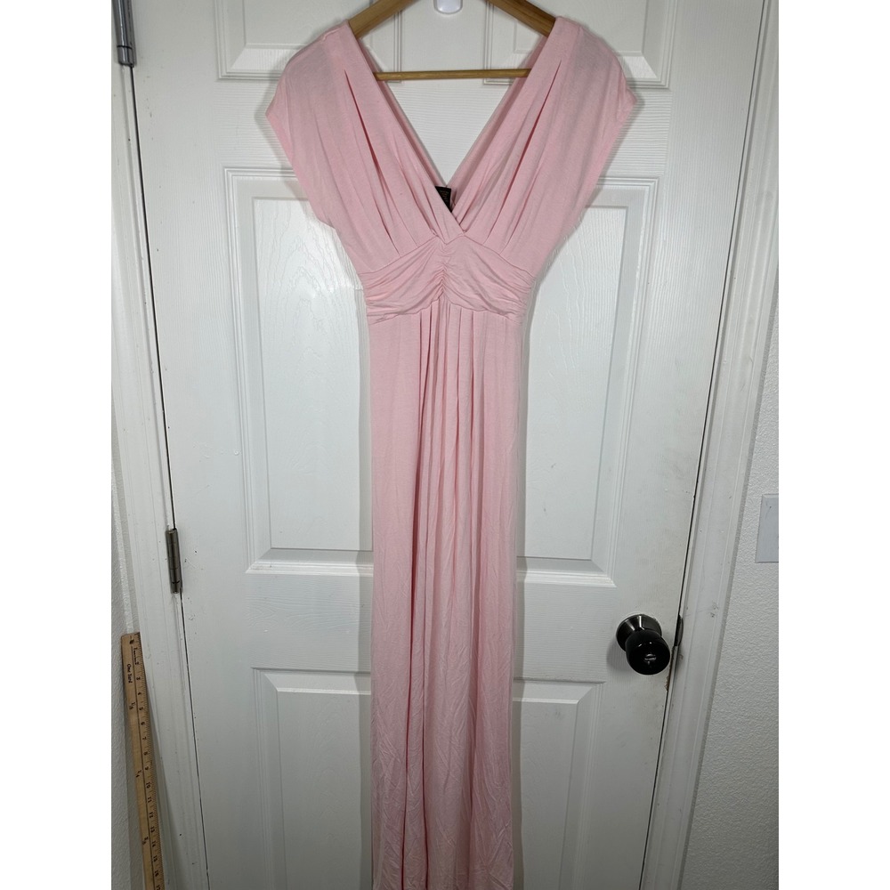 IMAN Maxi Dress Womens XS Short Pink V-Neck Ruched Empire Waist Jersey Knit 7125